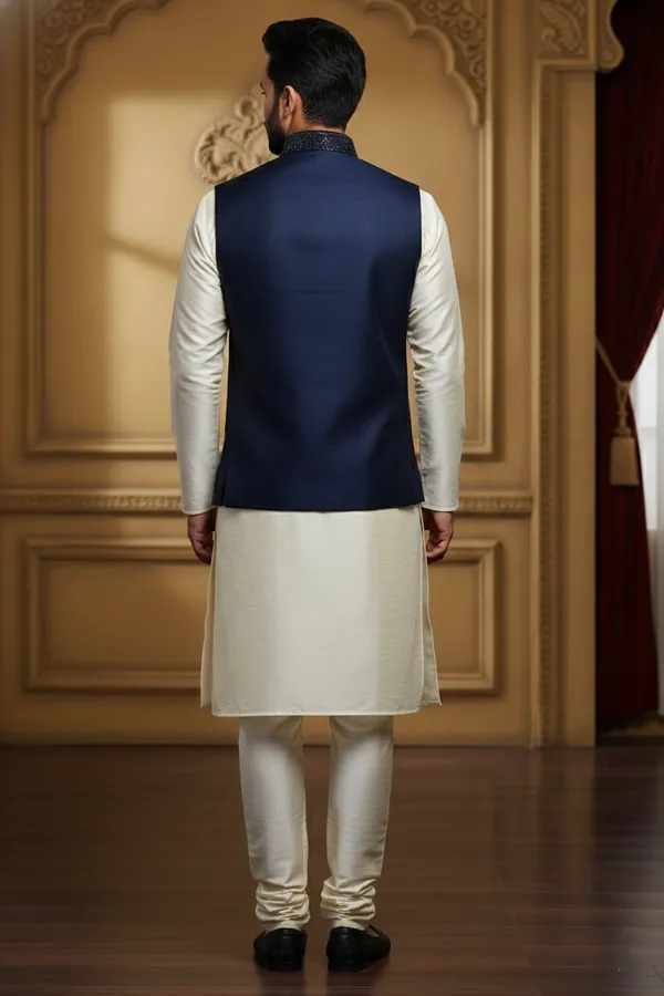 Dark_Blue_Premium_Pattern_Poly_Silk_Nehru_Jacket_Kurta_Pajama_Set_For_Men