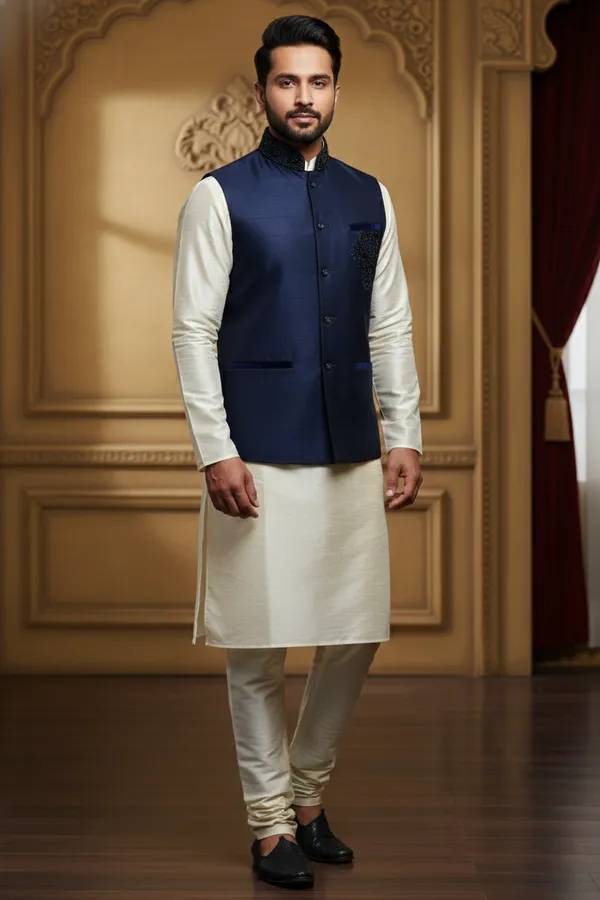 Dark_Blue_Premium_Pattern_Poly_Silk_Nehru_Jacket_Kurta_Pajama_Set_For_Men