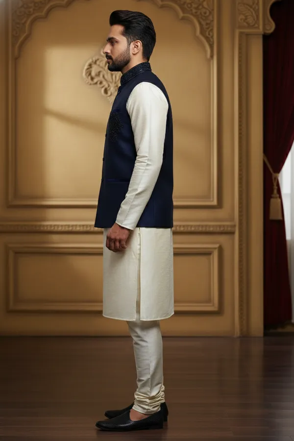 Dark_Blue_Premium_Pattern_Poly_Silk_Nehru_Jacket_Kurta_Pajama_Set_For_Men