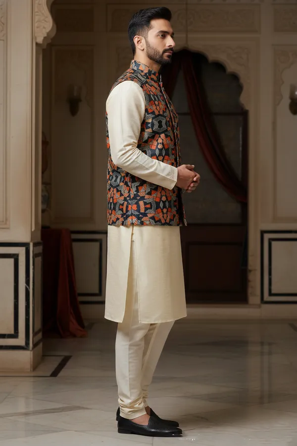 Multicolor_Premium_Pattern_Poly_Silk_Nehru_Jacket_Kurta_Pajama_Set_For_Men