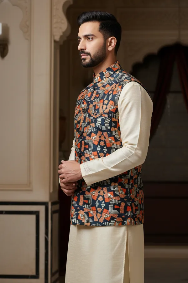 Multicolor_Premium_Pattern_Poly_Silk_Nehru_Jacket_Kurta_Pajama_Set_For_Men