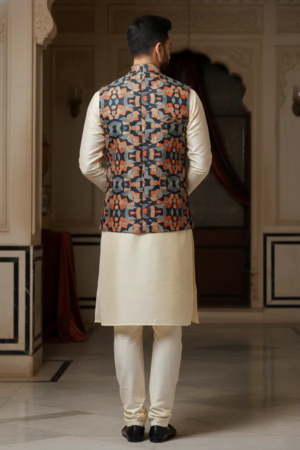 Multicolor_Premium_Pattern_Poly_Silk_Nehru_Jacket_Kurta_Pajama_Set_For_Men