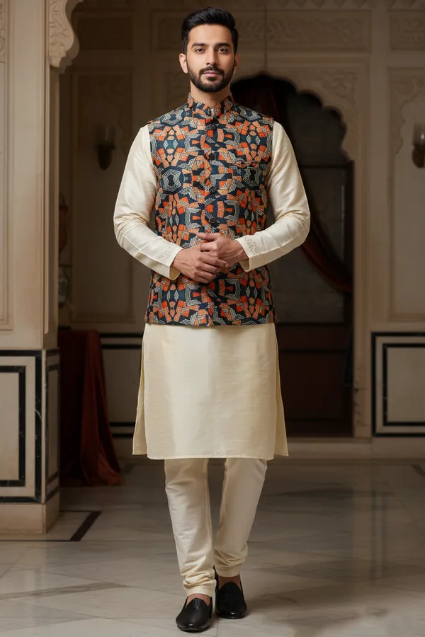 Multicolor_Premium_Pattern_Poly_Silk_Nehru_Jacket_Kurta_Pajama_Set_For_Men