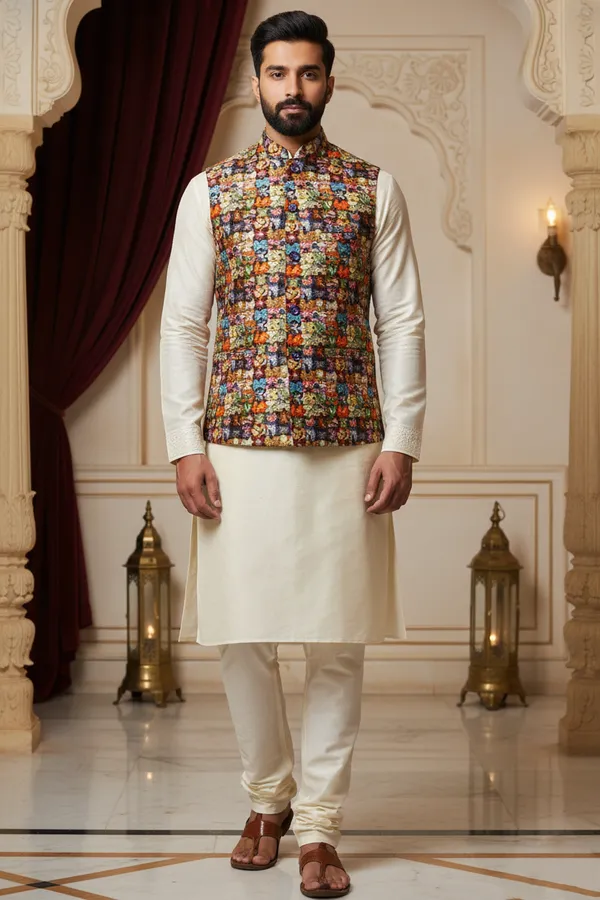 Multicolor_Premium_Pattern_Poly_Silk_Nehru_Jacket_Kurta_Pajama_Set_For_Men