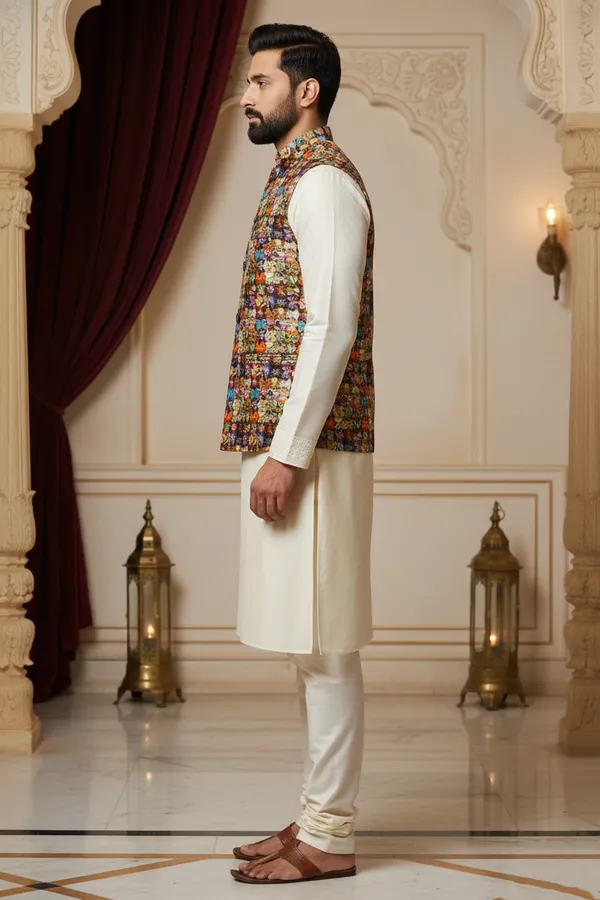 Multicolor_Premium_Pattern_Poly_Silk_Nehru_Jacket_Kurta_Pajama_Set_For_Men
