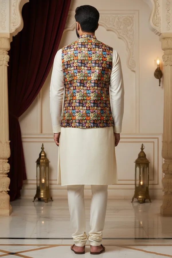 Multicolor_Premium_Pattern_Poly_Silk_Nehru_Jacket_Kurta_Pajama_Set_For_Men