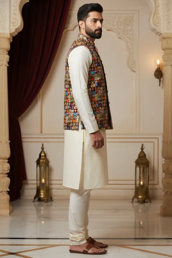 Multicolor_Premium_Pattern_Poly_Silk_Nehru_Jacket_Kurta_Pajama_Set_For_Men