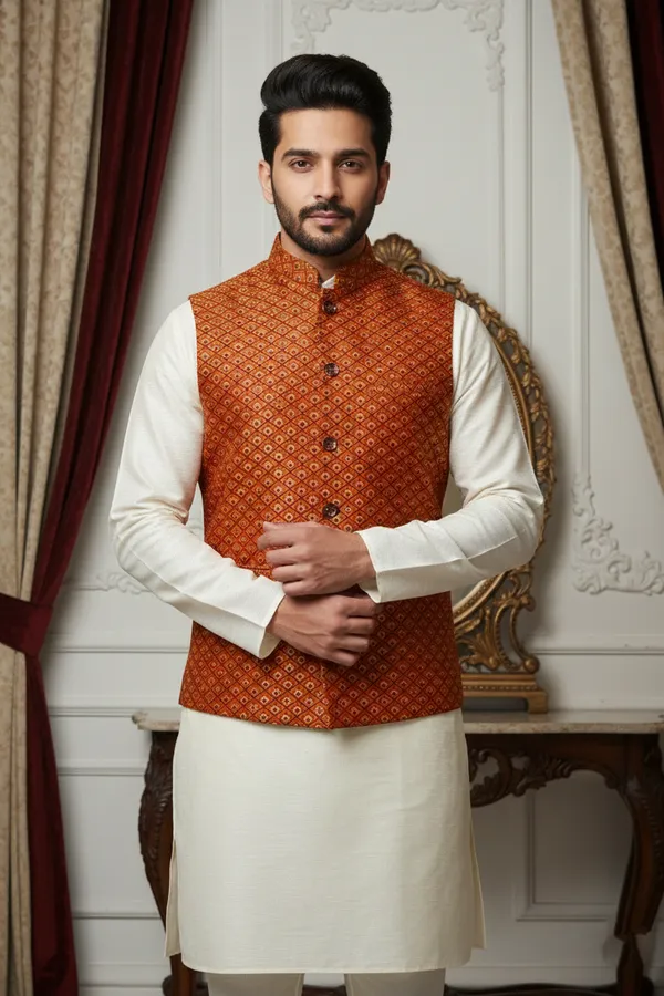 Rust_Premium_Pattern_Velvet_Nehru_Jacket_Kurta_Pajama_Set_For_Men