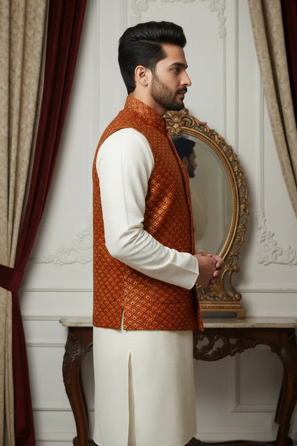 Rust_Premium_Pattern_Velvet_Nehru_Jacket_Kurta_Pajama_Set_For_Men