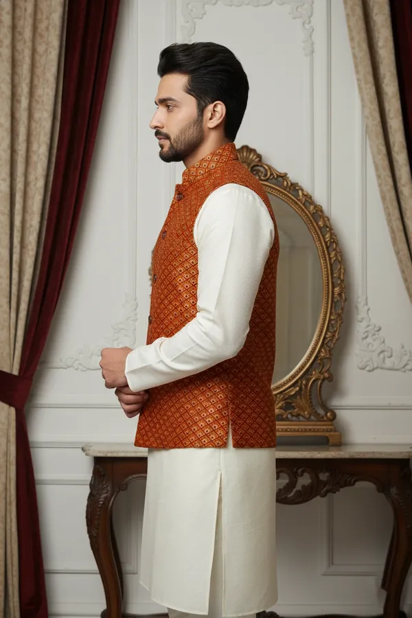 Rust_Premium_Pattern_Velvet_Nehru_Jacket_Kurta_Pajama_Set_For_Men
