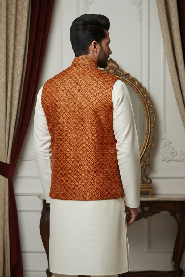 Rust_Premium_Pattern_Velvet_Nehru_Jacket_Kurta_Pajama_Set_For_Men