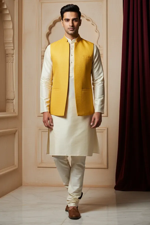 Mustard_Premium_Pattern_Poly_Silk_Nehru_Jacket_Kurta_Pajama_Set_For_Men
