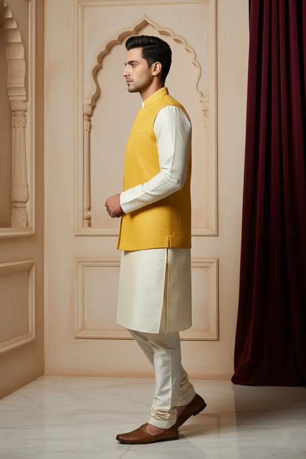 Mustard_Premium_Pattern_Poly_Silk_Nehru_Jacket_Kurta_Pajama_Set_For_Men