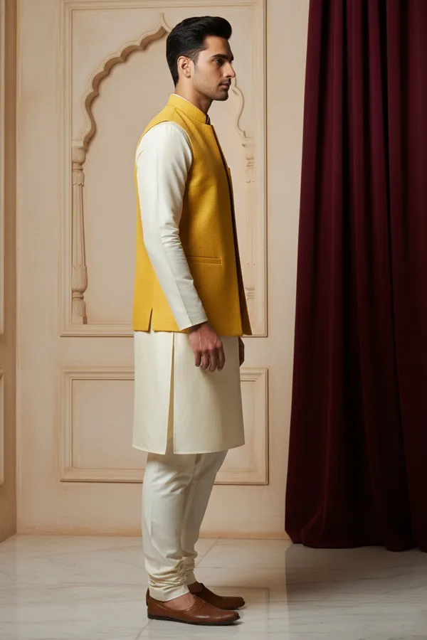 Mustard_Premium_Pattern_Poly_Silk_Nehru_Jacket_Kurta_Pajama_Set_For_Men