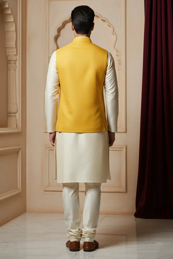 Mustard_Premium_Pattern_Poly_Silk_Nehru_Jacket_Kurta_Pajama_Set_For_Men