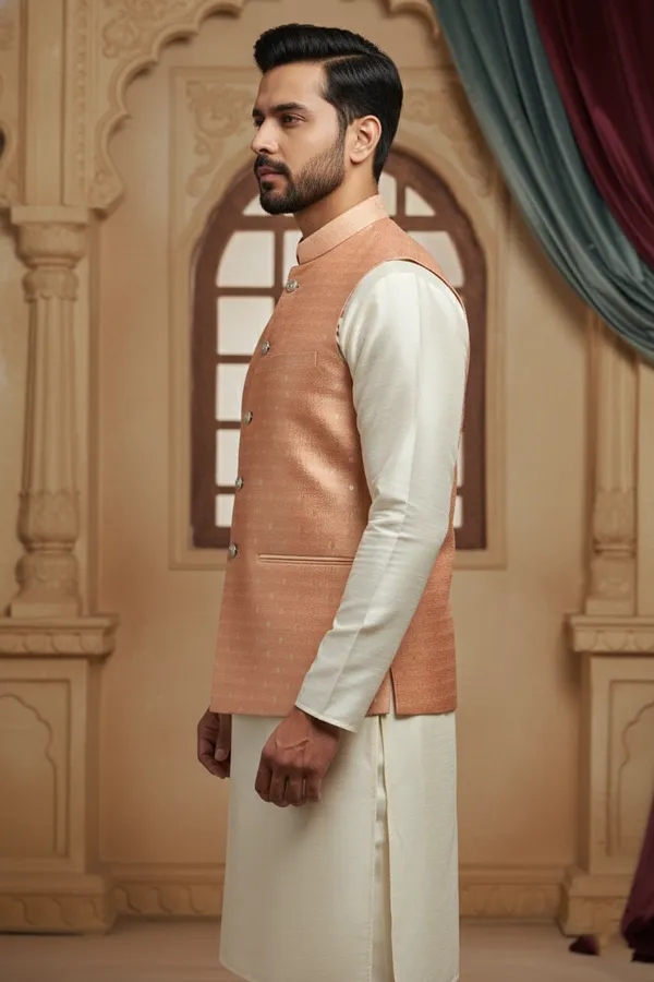 Peach_Gold_Premium_Pattern_Poly_Silk_Nehru_Jacket_Kurta_Pajama_Set_For_Men