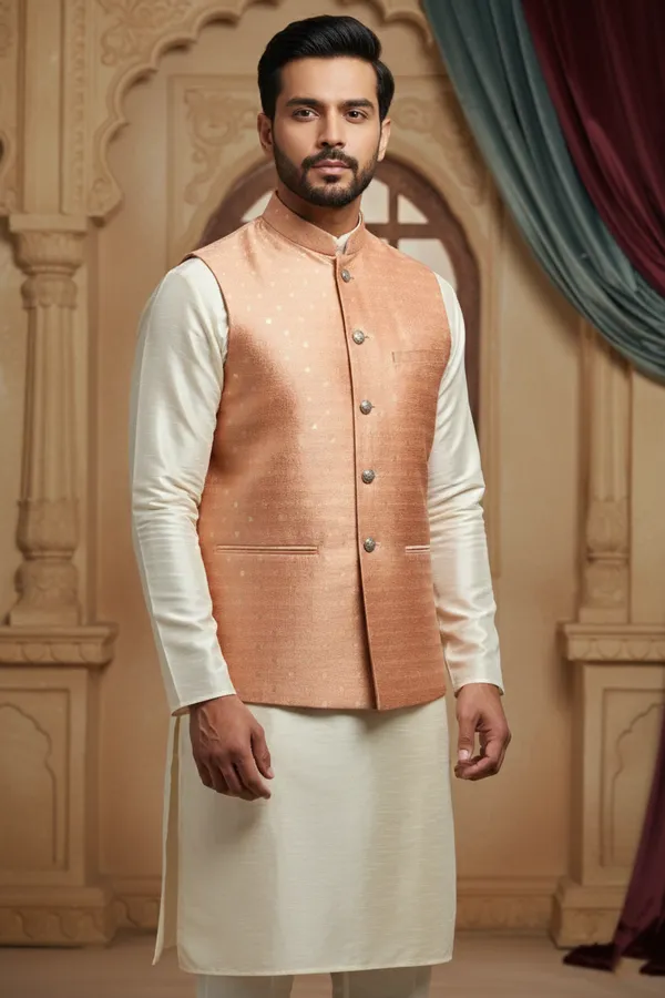 Peach_Gold_Premium_Pattern_Poly_Silk_Nehru_Jacket_Kurta_Pajama_Set_For_Men