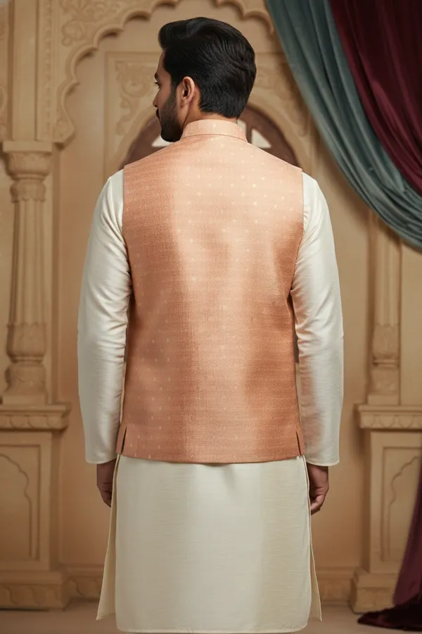 Peach_Gold_Premium_Pattern_Poly_Silk_Nehru_Jacket_Kurta_Pajama_Set_For_Men