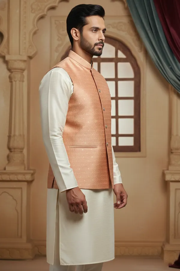 Peach_Gold_Premium_Pattern_Poly_Silk_Nehru_Jacket_Kurta_Pajama_Set_For_Men