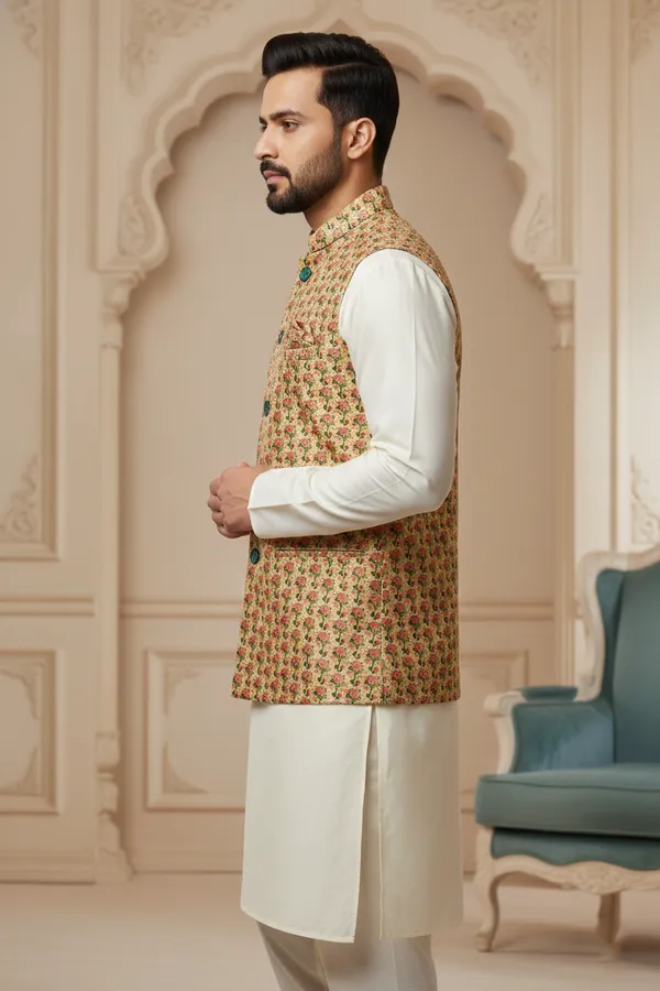 Pastel_Premium_Pattern_Poly_Silk_Nehru_Jacket_Kurta_Pajama_Set_For_Men