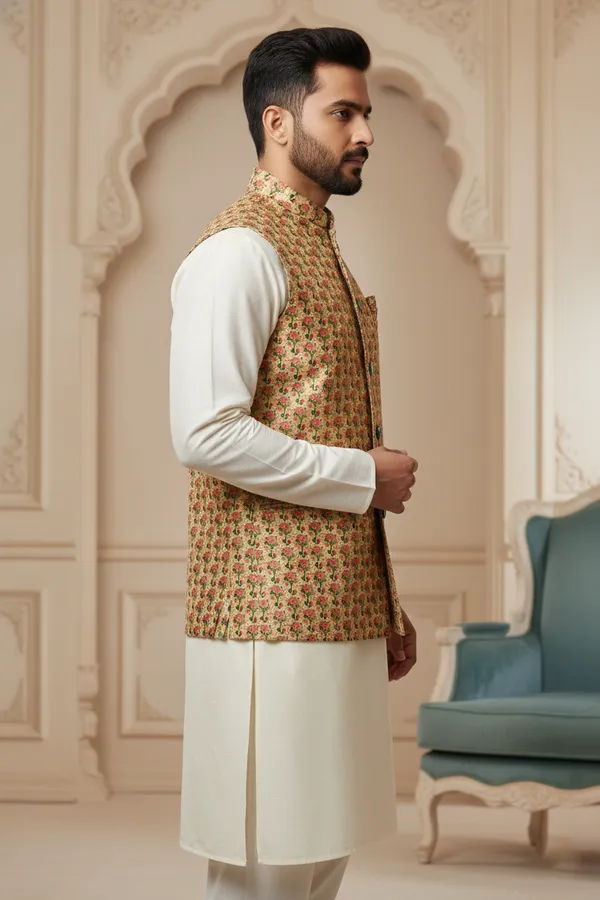 Pastel_Premium_Pattern_Poly_Silk_Nehru_Jacket_Kurta_Pajama_Set_For_Men