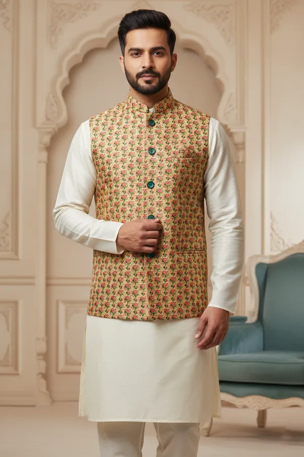 Pastel_Premium_Pattern_Poly_Silk_Nehru_Jacket_Kurta_Pajama_Set_For_Men