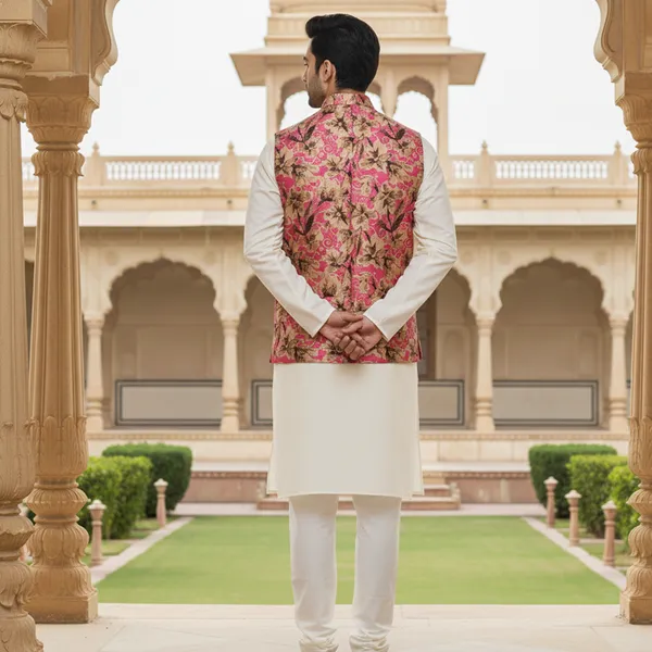 Pink_Premium_Pattern_Poly_Silk_Nehru_Jacket_Kurta_Pajama_Set_For_Men