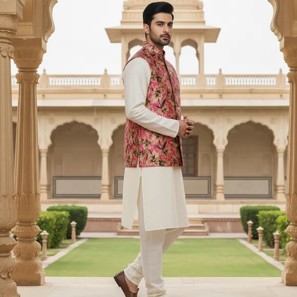 Pink_Premium_Pattern_Poly_Silk_Nehru_Jacket_Kurta_Pajama_Set_For_Men