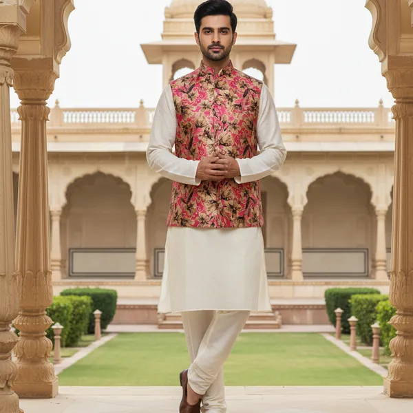 Pink_Premium_Pattern_Poly_Silk_Nehru_Jacket_Kurta_Pajama_Set_For_Men