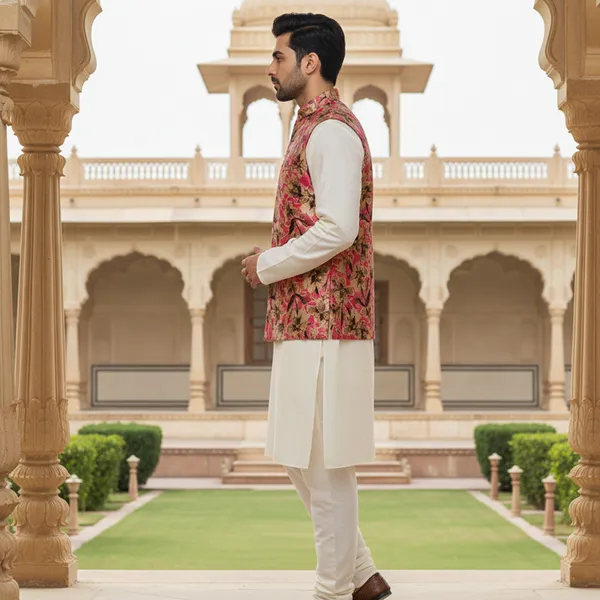 Pink_Premium_Pattern_Poly_Silk_Nehru_Jacket_Kurta_Pajama_Set_For_Men