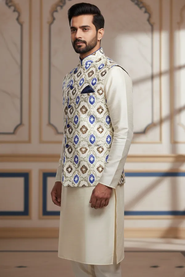 Cream_And_Blue_Premium_Pattern_Poly_Silk_Nehru_Jacket_Kurta_Pajama_Set_For_Men