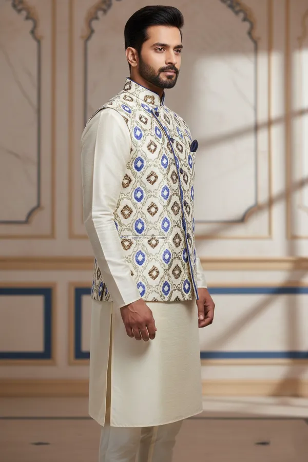 Cream_And_Blue_Premium_Pattern_Poly_Silk_Nehru_Jacket_Kurta_Pajama_Set_For_Men