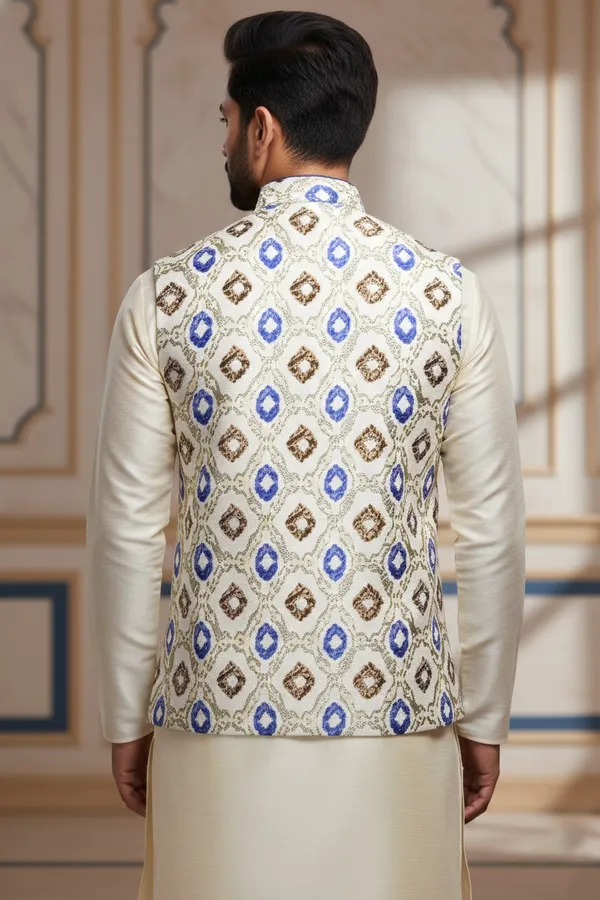 Cream_And_Blue_Premium_Pattern_Poly_Silk_Nehru_Jacket_Kurta_Pajama_Set_For_Men