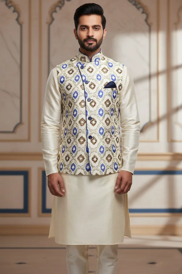 Cream_And_Blue_Premium_Pattern_Poly_Silk_Nehru_Jacket_Kurta_Pajama_Set_For_Men