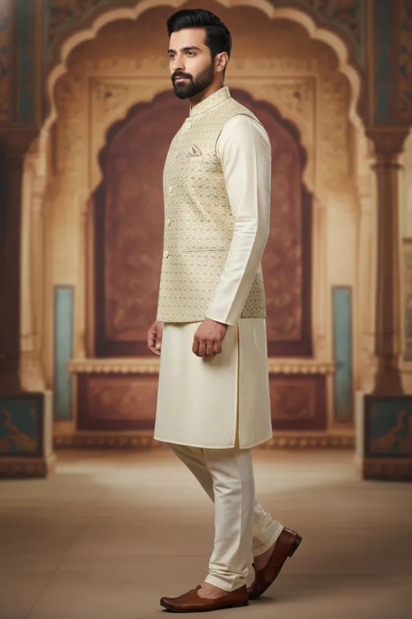 Beige_Premium_Pattern_Poly_Silk_Nehru_Jacket_Kurta_Pajama_Set_For_Men