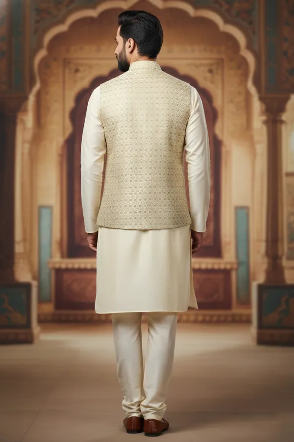 Beige_Premium_Pattern_Poly_Silk_Nehru_Jacket_Kurta_Pajama_Set_For_Men