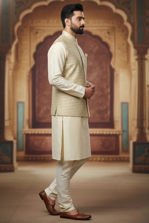 Beige_Premium_Pattern_Poly_Silk_Nehru_Jacket_Kurta_Pajama_Set_For_Men