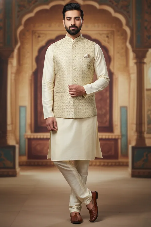 Beige_Premium_Pattern_Poly_Silk_Nehru_Jacket_Kurta_Pajama_Set_For_Men