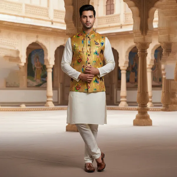 Mustard_Premium_Pattern_Poly_Silk_Nehru_Jacket_Kurta_Pajama_Set_For_Men