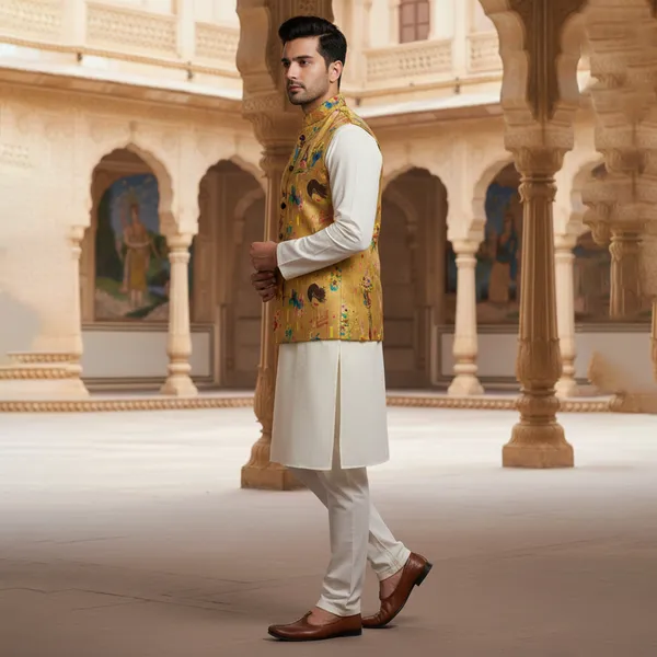 Mustard_Premium_Pattern_Poly_Silk_Nehru_Jacket_Kurta_Pajama_Set_For_Men