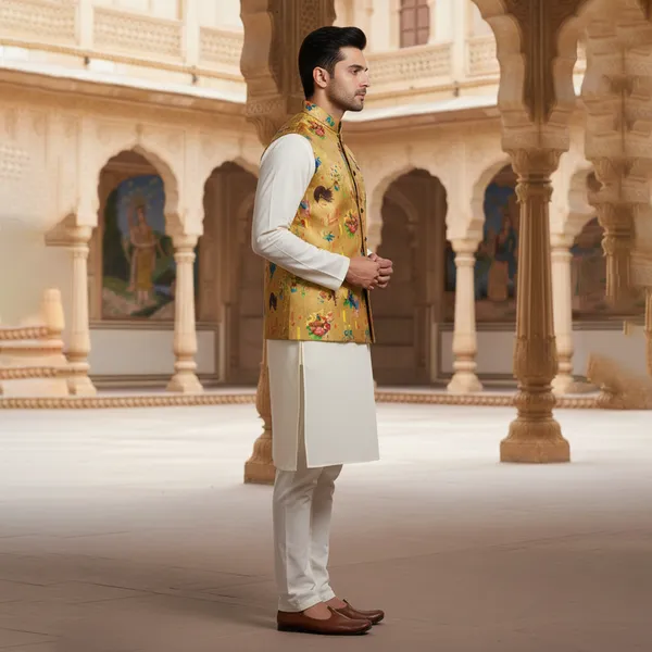 Mustard_Premium_Pattern_Poly_Silk_Nehru_Jacket_Kurta_Pajama_Set_For_Men