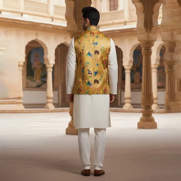 Mustard_Premium_Pattern_Poly_Silk_Nehru_Jacket_Kurta_Pajama_Set_For_Men