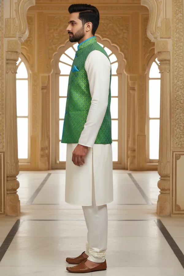 Green_And_Blue_Premium_Pattern_Velvet_Nehru_Jacket_Kurta_Pajama_Set_For_Men