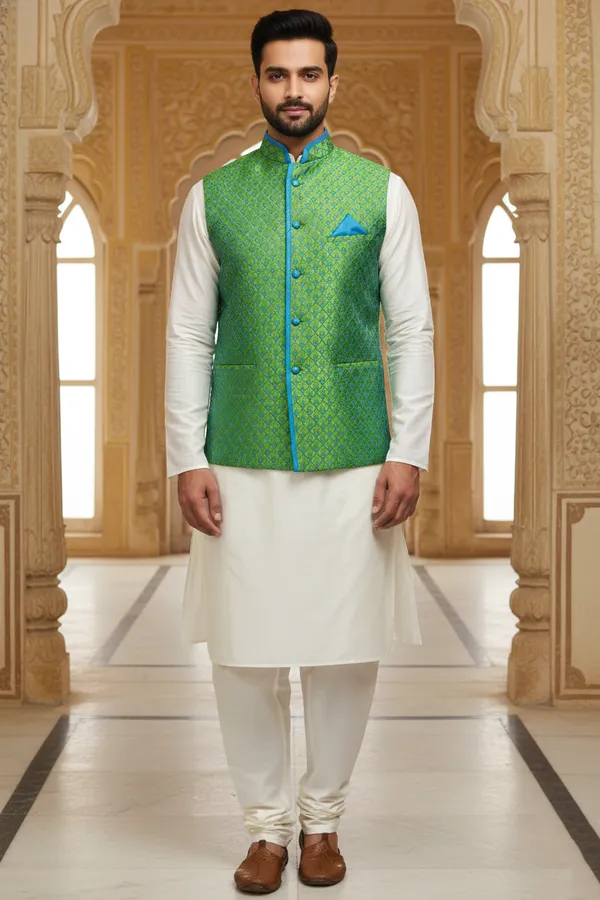 Green_And_Blue_Premium_Pattern_Velvet_Nehru_Jacket_Kurta_Pajama_Set_For_Men