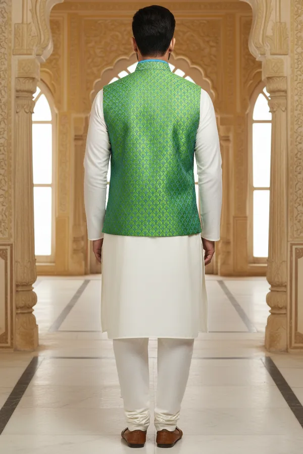 Green_And_Blue_Premium_Pattern_Velvet_Nehru_Jacket_Kurta_Pajama_Set_For_Men