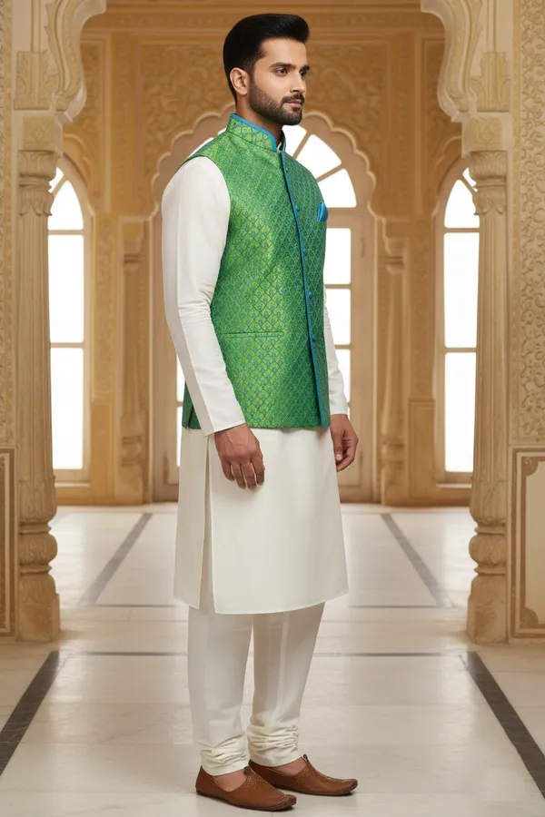 Green_And_Blue_Premium_Pattern_Velvet_Nehru_Jacket_Kurta_Pajama_Set_For_Men