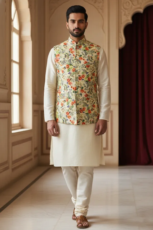 Ivory_And_Multicolor_Premium_Pattern_Poly_Silk_Nehru_Jacket_Kurta_Pajama_Set_For_Men