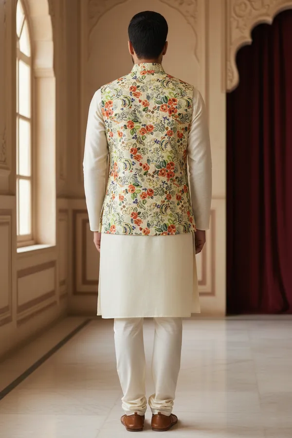 Ivory_And_Multicolor_Premium_Pattern_Poly_Silk_Nehru_Jacket_Kurta_Pajama_Set_For_Men