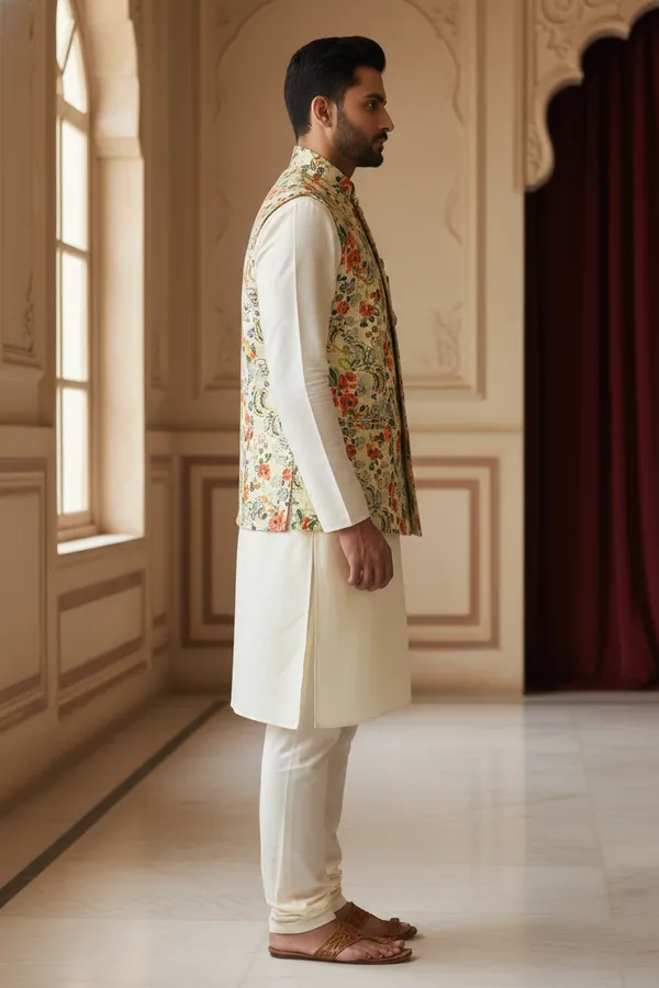 Ivory_And_Multicolor_Premium_Pattern_Poly_Silk_Nehru_Jacket_Kurta_Pajama_Set_For_Men