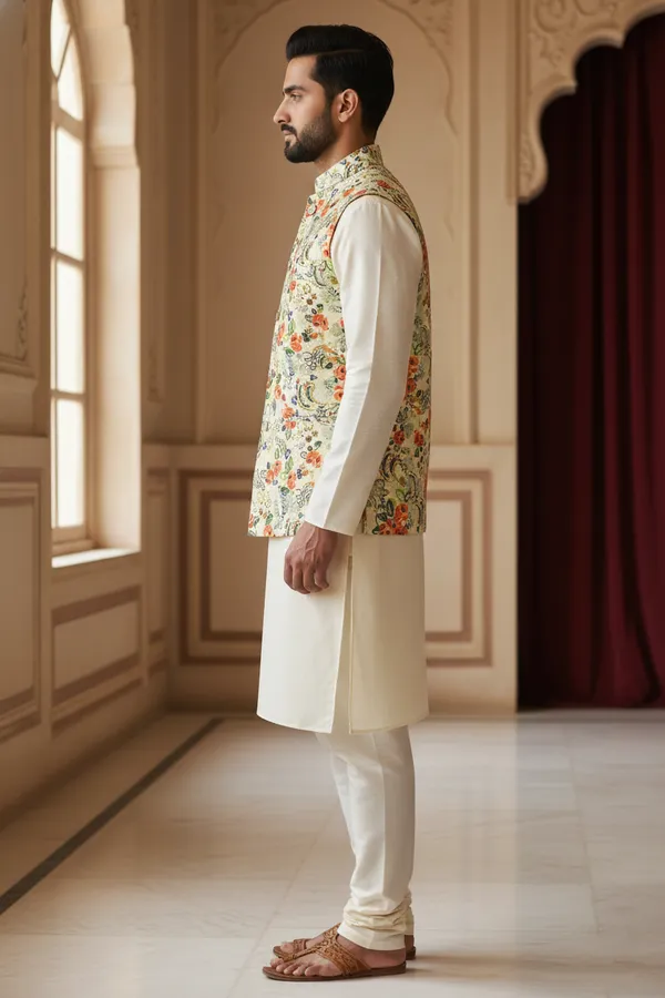 Ivory_And_Multicolor_Premium_Pattern_Poly_Silk_Nehru_Jacket_Kurta_Pajama_Set_For_Men